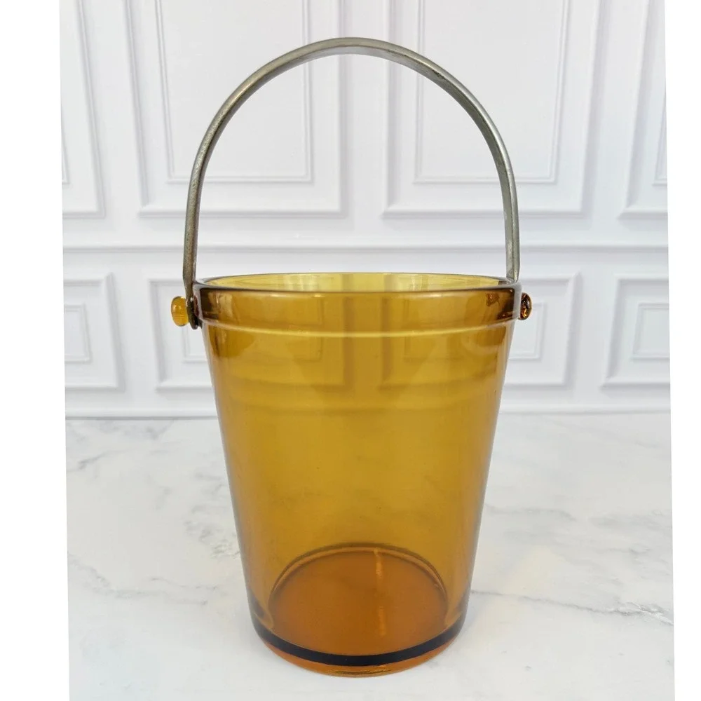 VTG Fostoria Amber Glass Ice Bucket MCM Barware Metal Handle 6